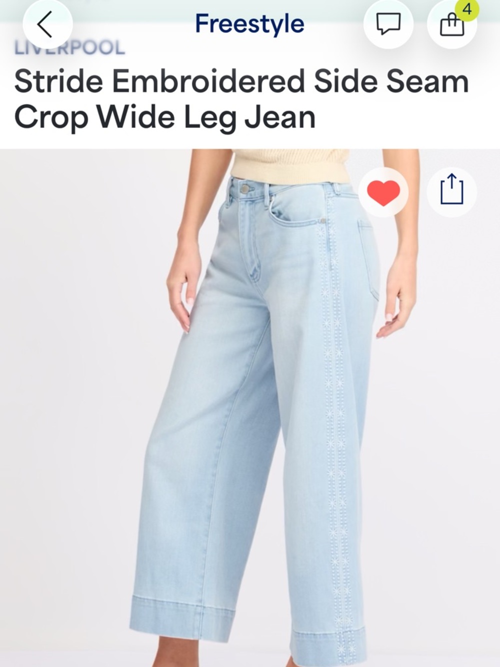 Liverpool Light Blue Stride Embroidered Side Seam Crop Wide Leg Jeans